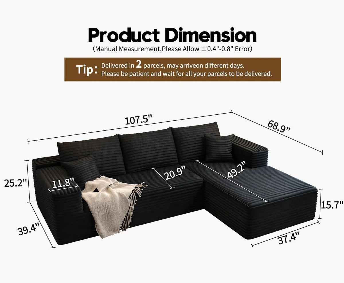 Settab Modular Sectional Sofa, 2 Seater Left-Facing Chaise, Black, 68.9 inch D x 107.5 inch W x 36.3 inch H