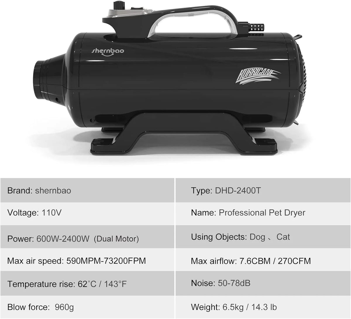 Shernbao Professional Dog Force Dryer, 6.0HP, Jet Black - DHD-2400T