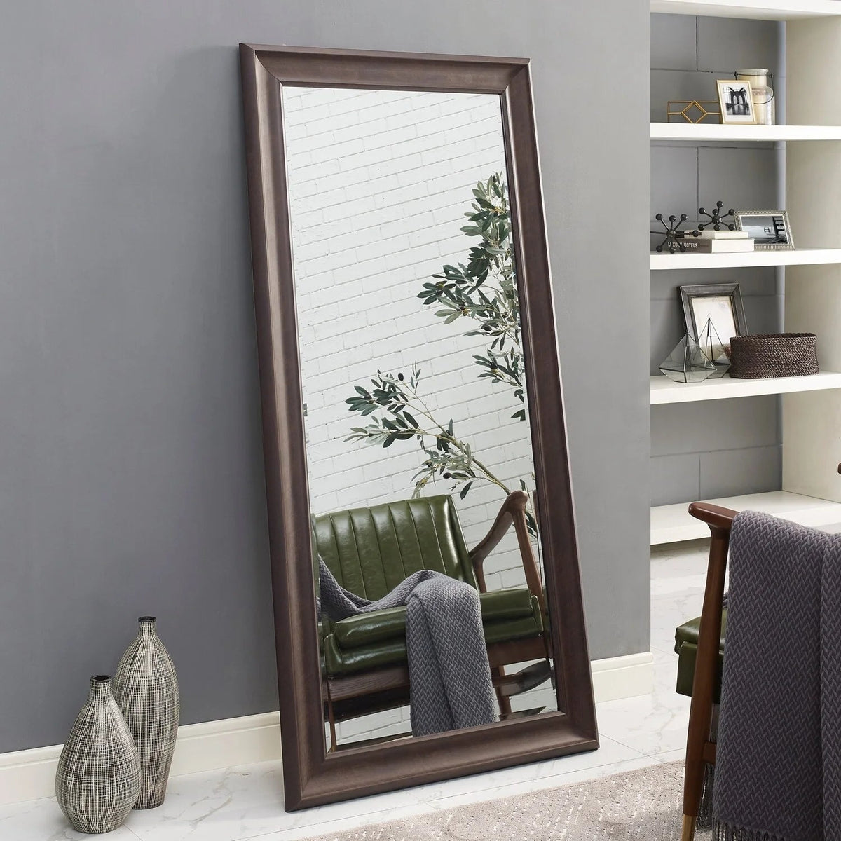 Full Length Oversized Rectangle Wall Mirror With Smooth Faux Wood Frame