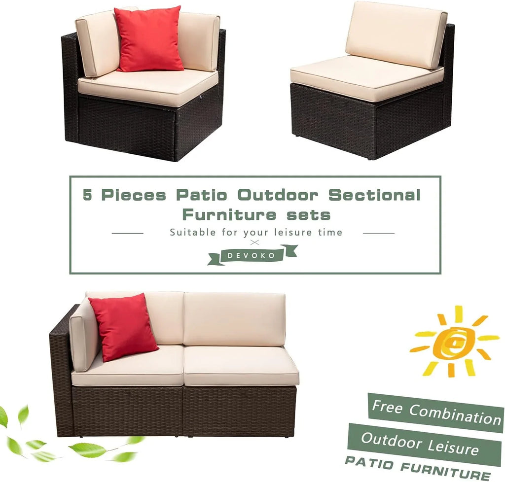 Devoko 5-Piece Outdoor Sectional Patio Sofa Set With Cushions And Glass Table - Beige