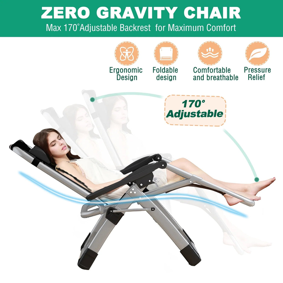 NAIZEA Zero Gravity Lawn Recliner Chairs, 2 Pack, Black