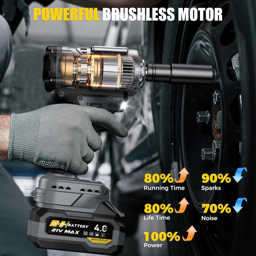 Cordless 1/2 Inch Impact Wrench, 1200Nm, 21V Brushless With 2 4.0Ah Batteries And 5 Sockets