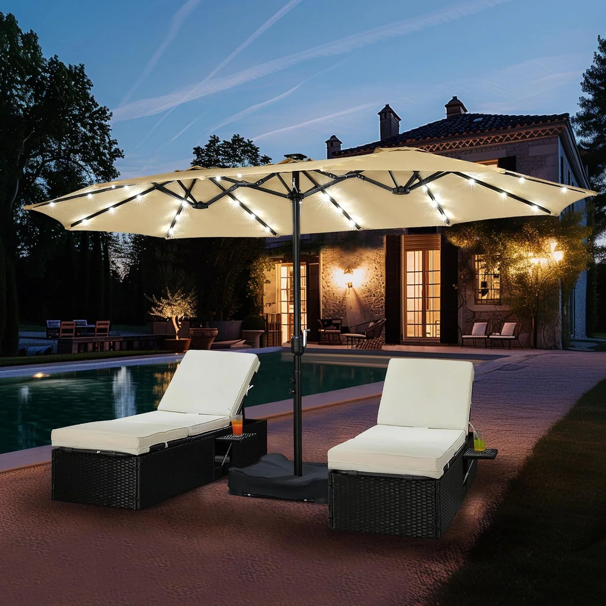 15 ft Double-Sided Rectangular Patio Umbrella With 36 LED Lights And Base - Brown
