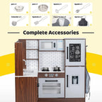 BRINJOY Corner Wooden Kids Play Kitchen With Faucet, Sink, Microwave, Oven, Apron, Blackboard, Sound And Light