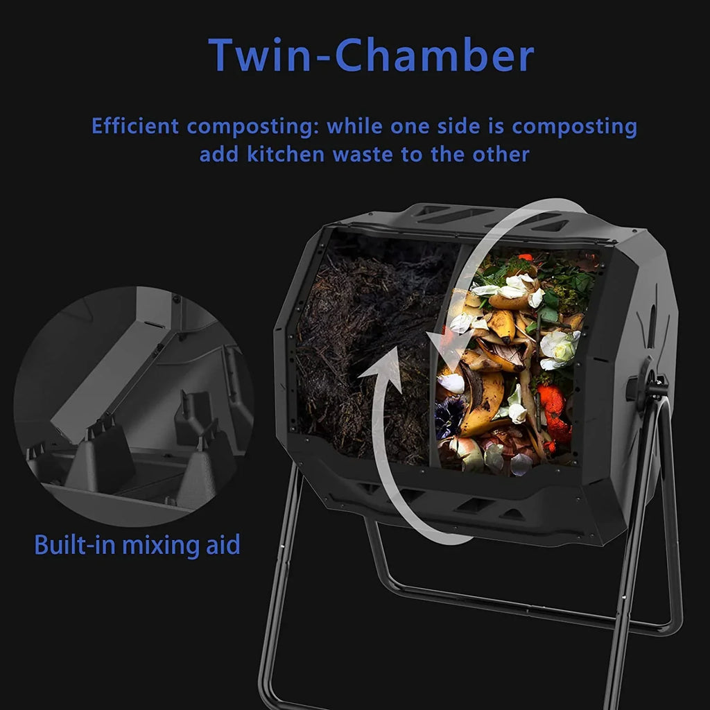 Dual Compartment Compost Tumbler Bin 43 Gallon Blue Door
