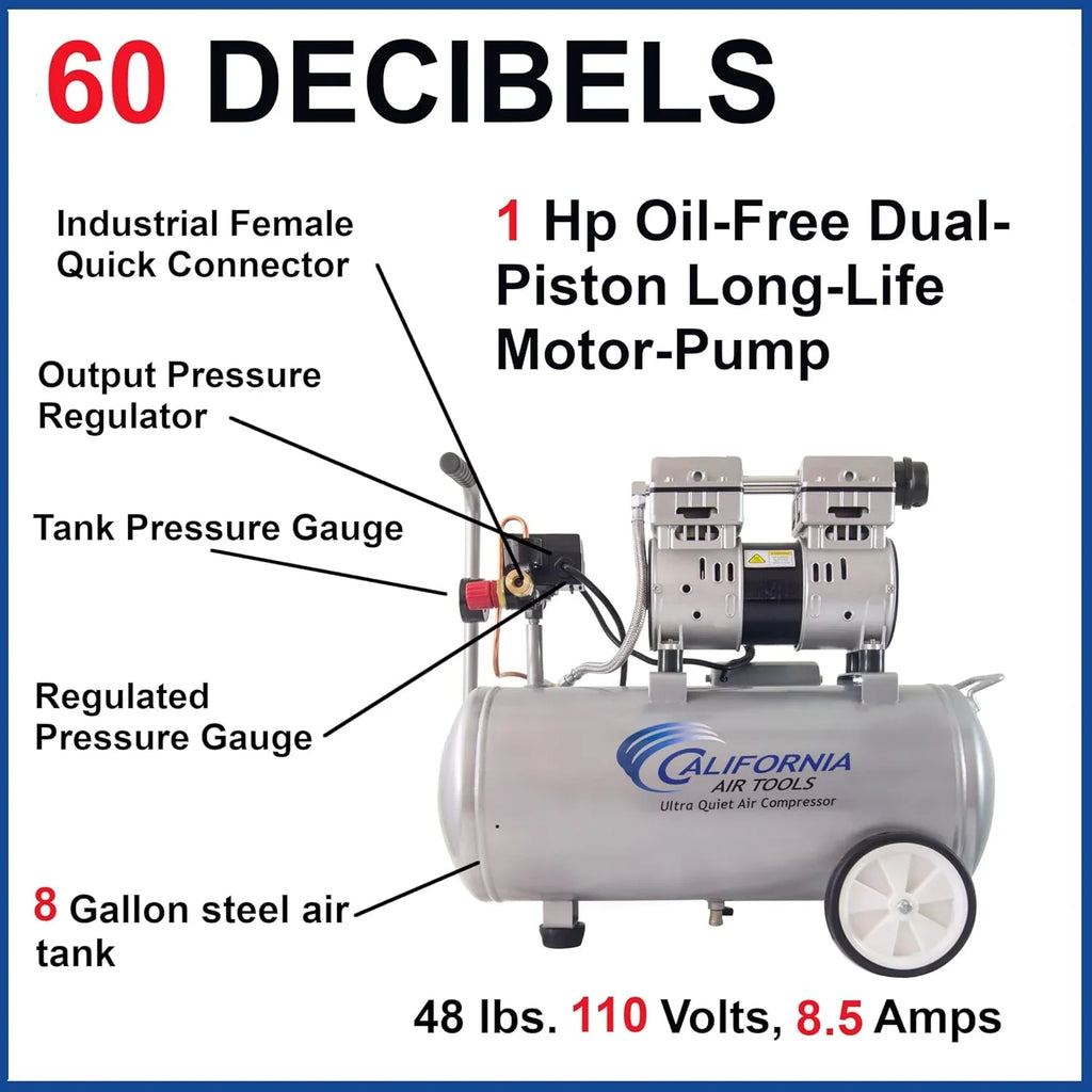 California Air Tools Ultra Quiet Oil-Free Air Compressor, 1.0 HP, 8 Gallon, 120 PSI, Silver - 8010