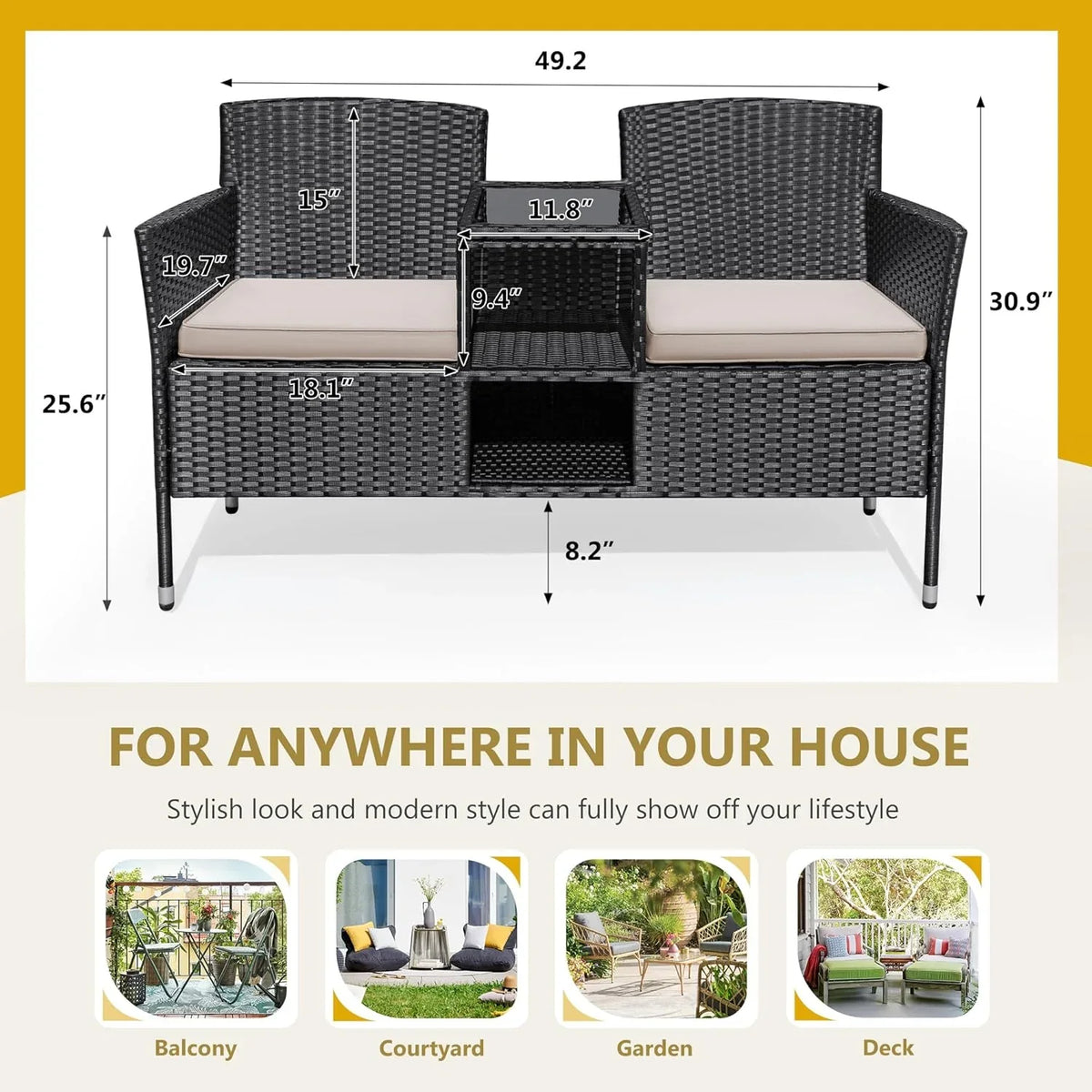 Flamaker Outdoor Wicker Patio Loveseat With Built-In Table And Cushions, Beige - 49.2 x 21.3 x 30.9 in
