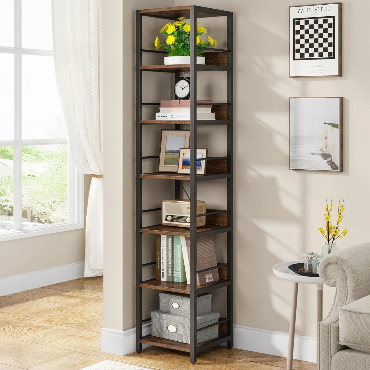 75 Inch Tall Narrow Corner Shelf, 6-Tier Etagere Storage Rack, 13.4 Inch W x 13.3 Inch D x 74.8 Inch H