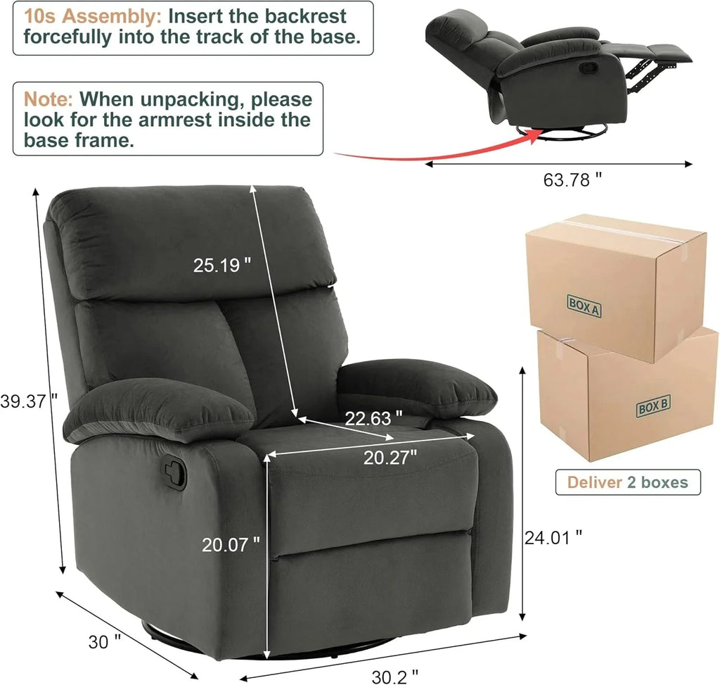 Swivel Rocker Recliner Chair For Compact Spaces - 32in D x 30.2in W x 38.9in H