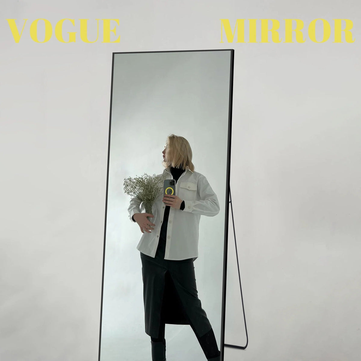 Full-Length Floor Mirror 64x21, Aluminum Alloy Frame With Stand And Wall Mount Option