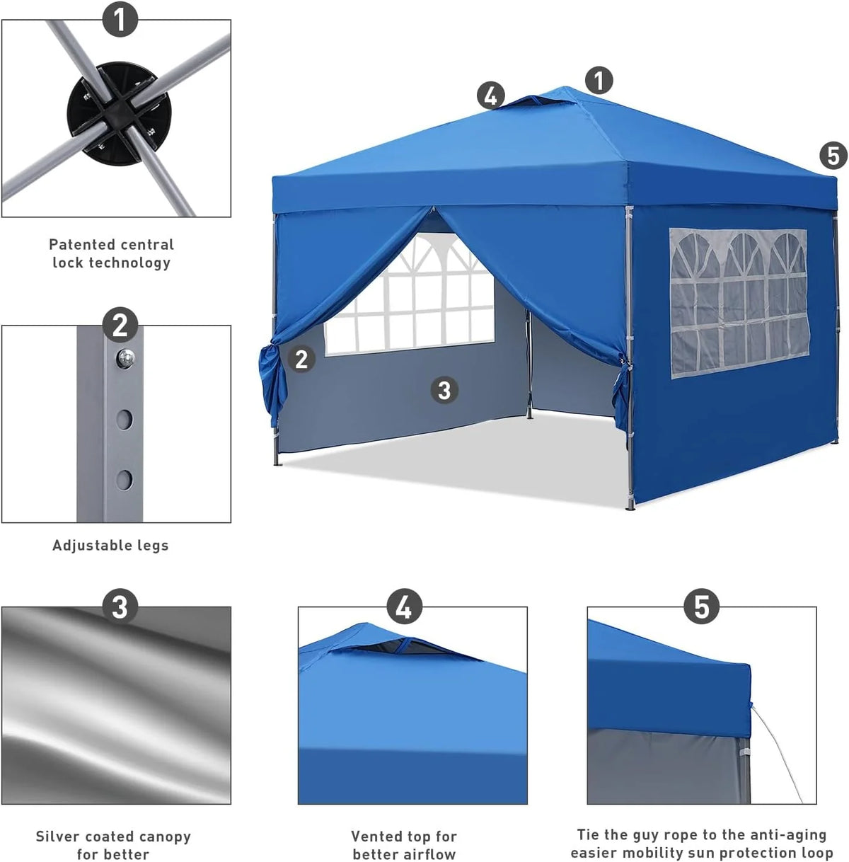 GDY 10x10 Pop Up Canopy Tent With 4 Sidewalls And 4 Sandbags - Blue