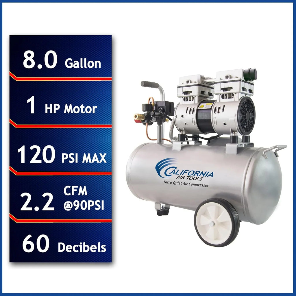 California Air Tools Ultra Quiet Oil-Free Air Compressor, 1.0 HP, 8 Gallon, 120 PSI, Silver - 8010