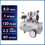 California Air Tools Ultra Quiet Oil-Free Air Compressor, 1.0 HP, 8 Gallon, 120 PSI, Silver - 8010
