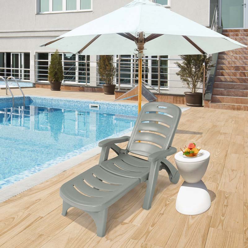 Rolling Folding Plastic Pool Lounge Chair With Armrests, 5 Position - Patio Deck Beach Chair
