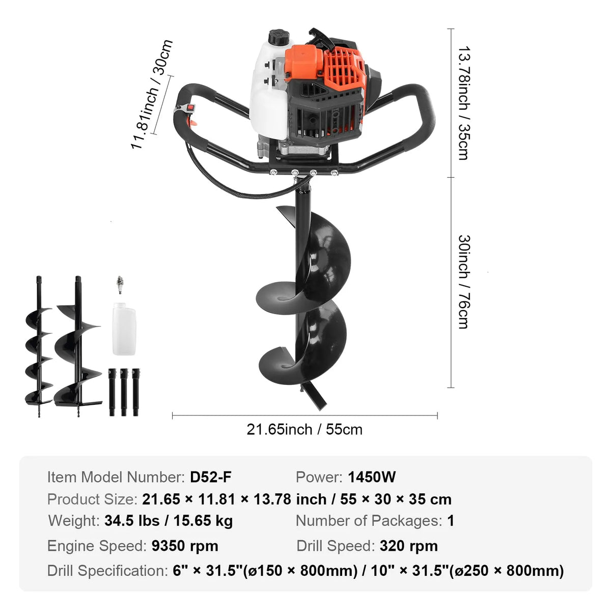 VEVOR 52CC 1450W Fuel-Powered Post Hole Auger With 6in And 10in Bits - D52-F