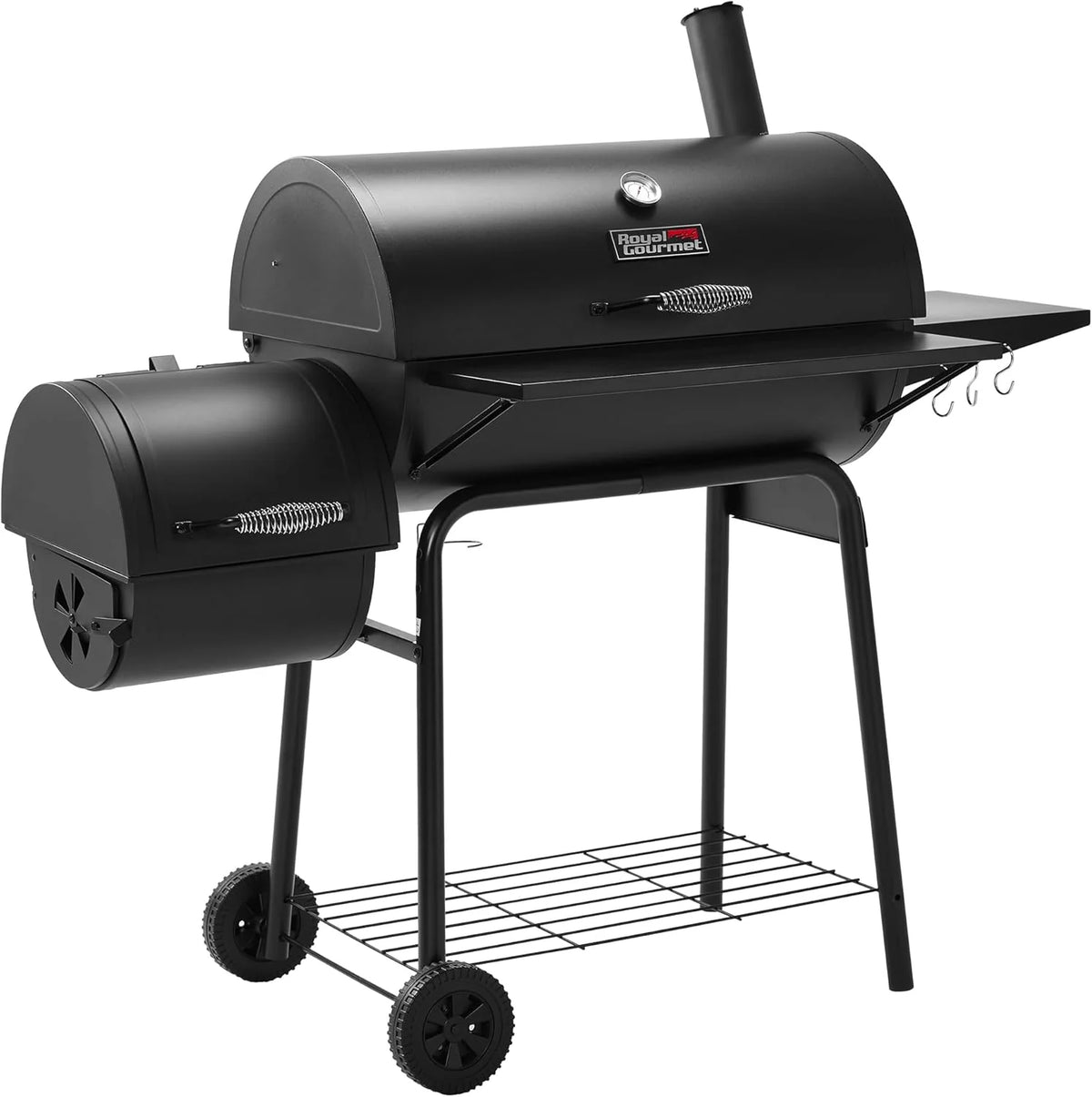 Charcoal Grill And Offset Smoker, 30in L, 800 Square Inch, Black