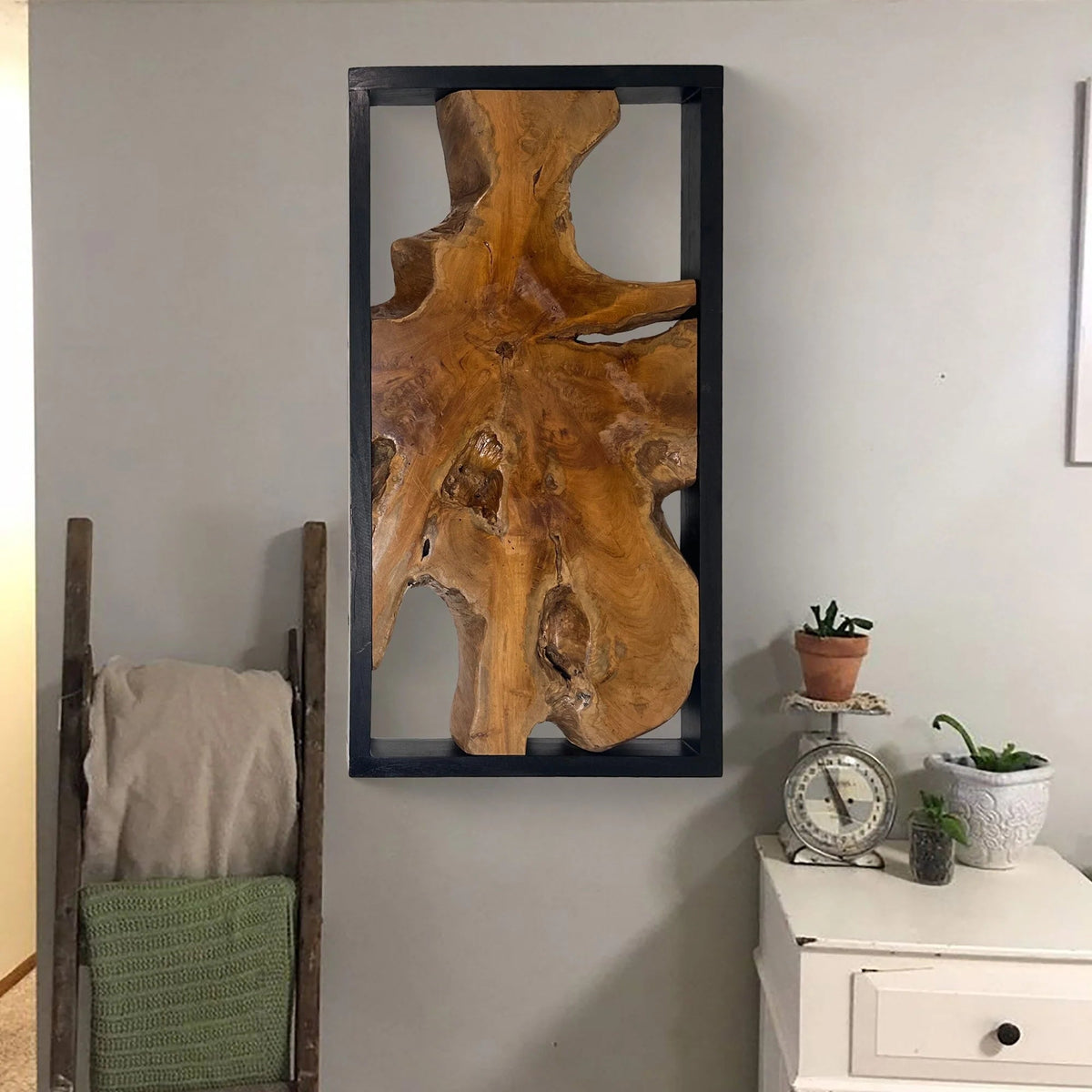 Live Edge Teak Wood Wall Sculpture - 31.4 x 16.9 x 2.36 in or 27.5 x 27.5 x 2.36 in
