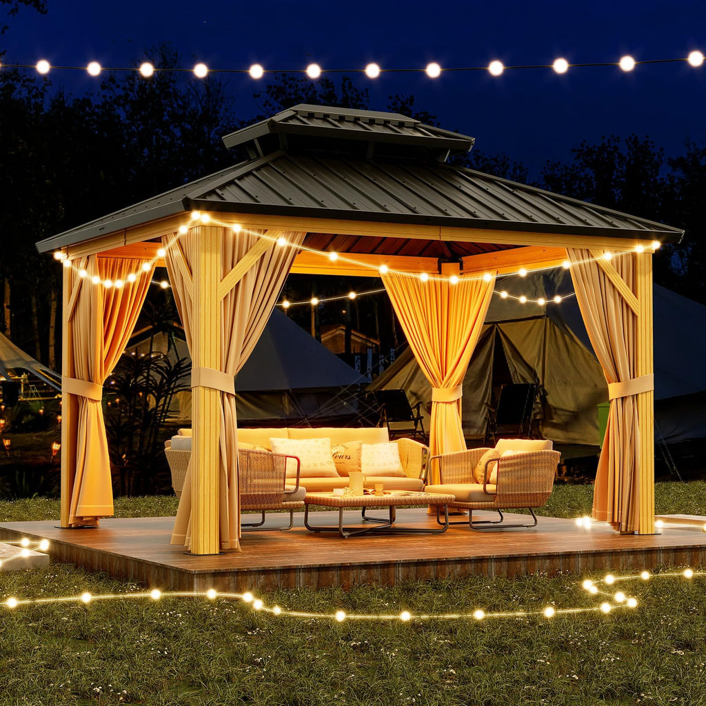 10X13 FT Outdoor Galvanised Steel Hardtop Gazebo With Netting And Sunshade Curtains, Khaki