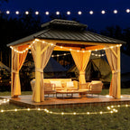 10X13 FT Outdoor Galvanised Steel Hardtop Gazebo With Netting And Sunshade Curtains, Khaki