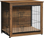 DWANTON Wooden Dog Crate Furniture With Cushion, Double Doors And Adjustable Feet
