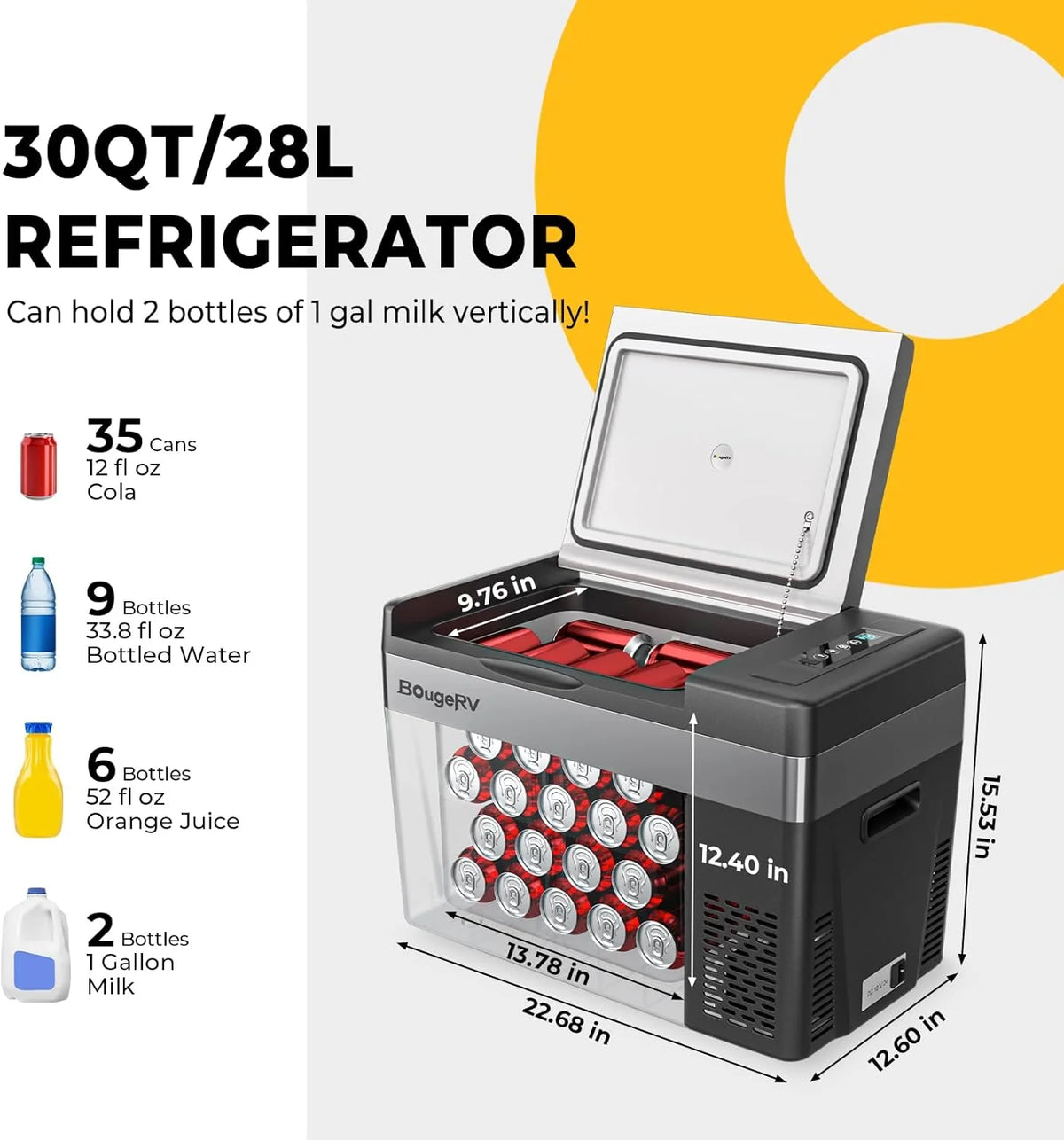 BougeRV 23 Quart Portable Car Refrigerator Freezer, Grey, 12/24V DC - CR22