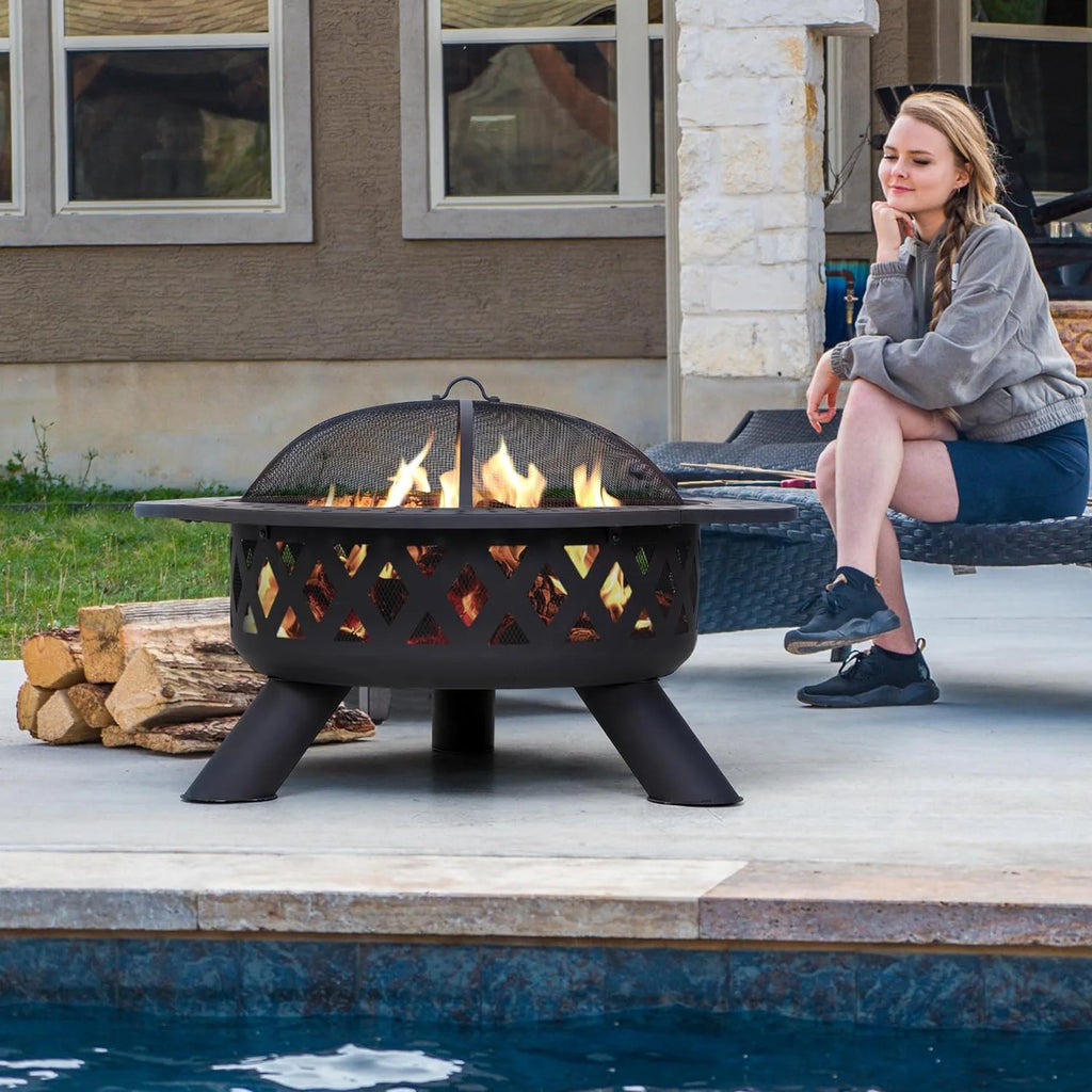 SUNCREAT 42-Inch Wood Burning Patio Fire Pit, Black, 42.1 Inch Diameter x 25.2 Inch High