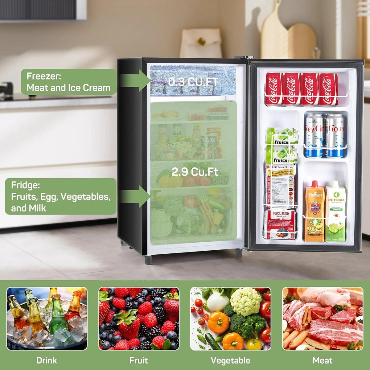 Mini Refrigerator With Internal Freezer, 3.2 Cu. Ft, Black, 17.5 x 17.7 x 31.5 in
