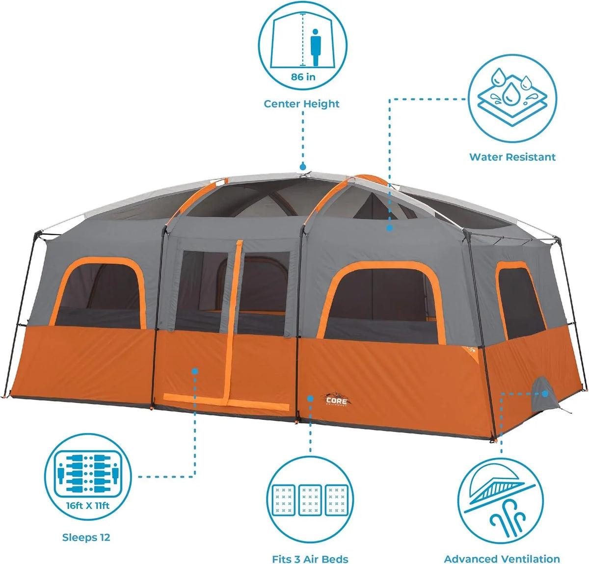 CORE 12 Person Straight Wall Cabin Tent, 16 x 11 Feet, Orange - SUVELAM
