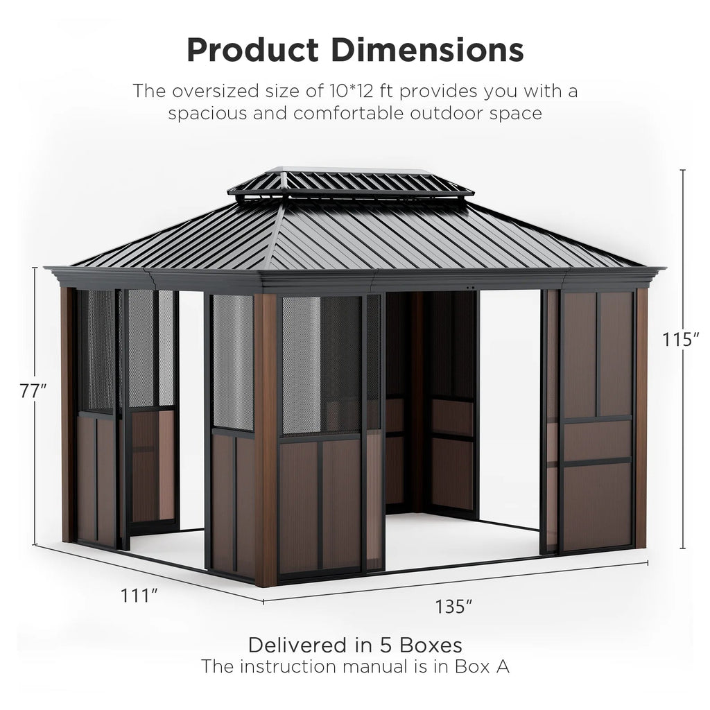 EROMMY Sunroom 10 x 12 ft With Galvanized Steel Double Roof, Aluminum Alloy Frame, Wood Grain Appearance