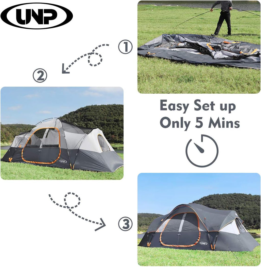 unp 10-Person Camping Tent, 18ft x 9ft x 78in, 2 Rooms, 5 Mesh Windows