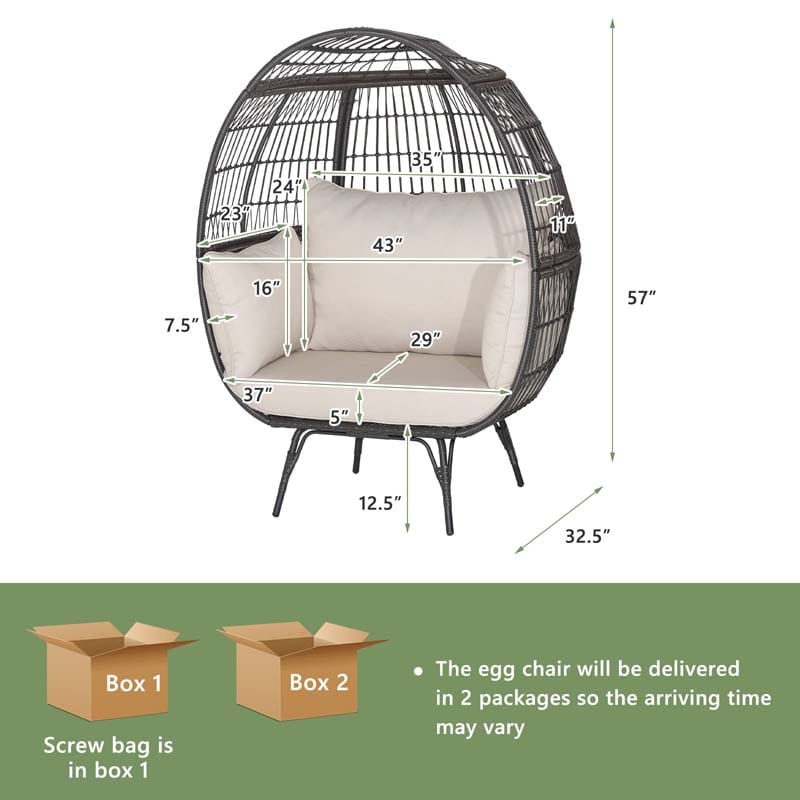Oversized Wicker Egg Chair With 4 Cushions, 43 x 32.5 x 57 in