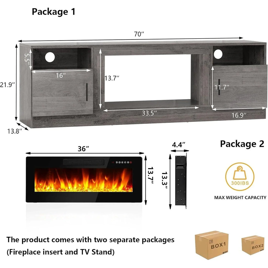 Bossin 70 Fireplace TV Stand With 36 Electric Fireplace For TVs Up To 80 - 16-Color LED Lights