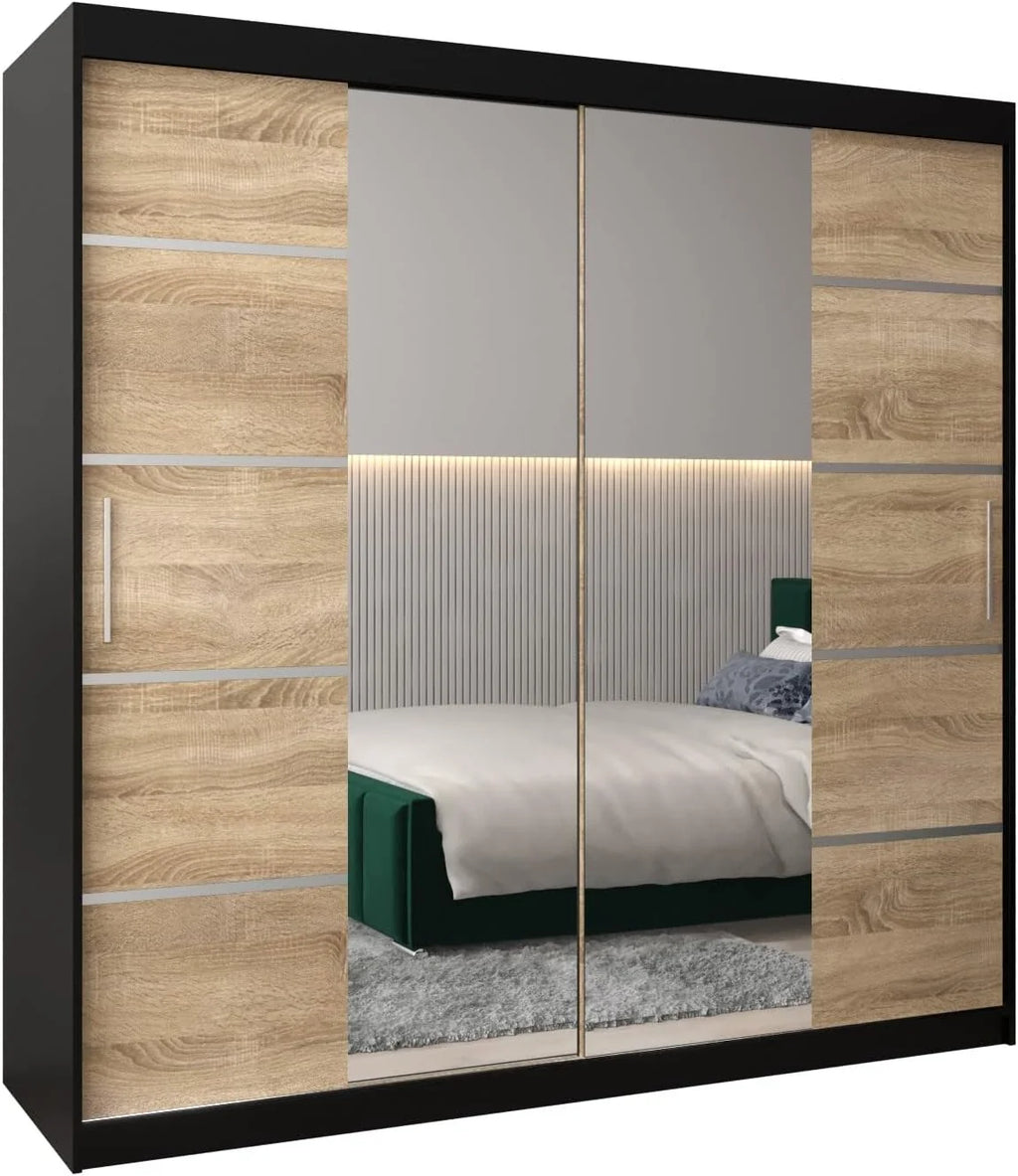 ABIKSMEBLE Bedroom Wardrobe With 3 Sliding Doors, Mirror, Black Matte And Sonoma, 200 x 200 x 62 cm - Verona 4 200