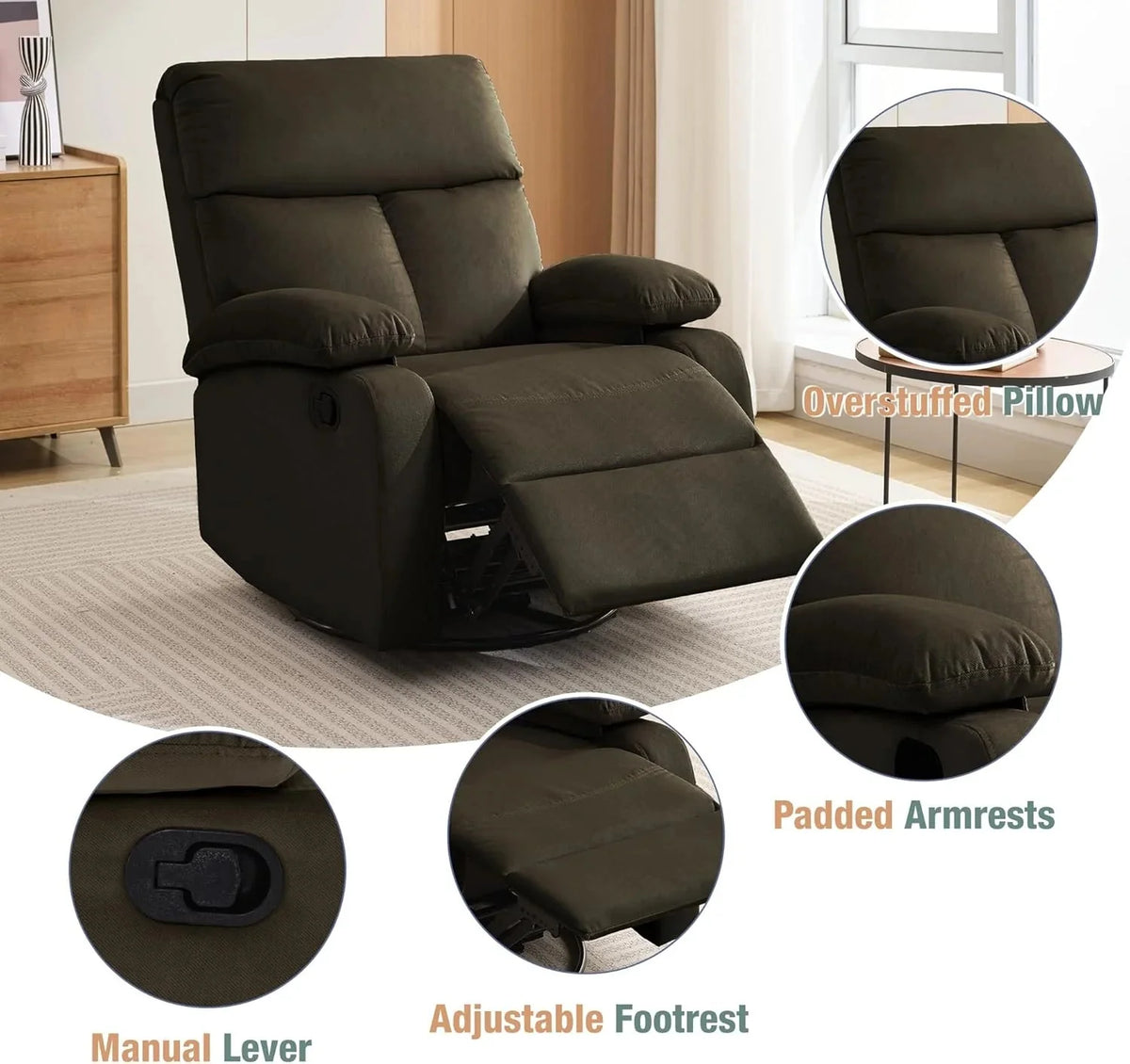 Swivel Rocker Recliner Chair For Compact Spaces - 32in D x 30.2in W x 38.9in H