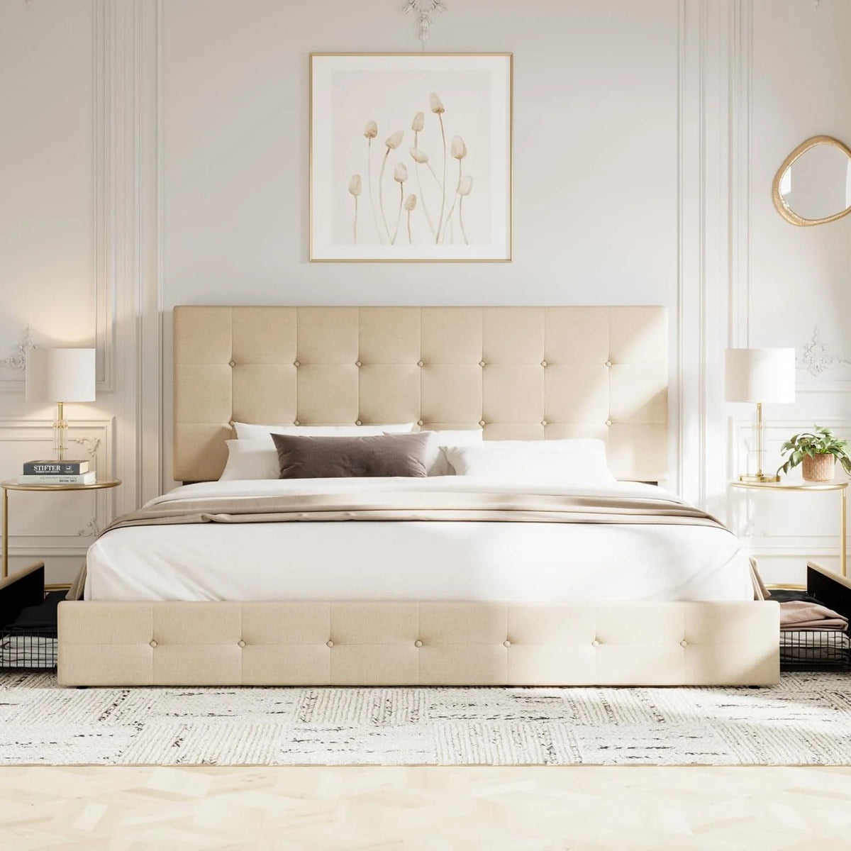 Queen Upholstered Linen Platform Bed Frame With 4 Storage Drawers, Light Grey - 83in L x 62.2in W x 42in H