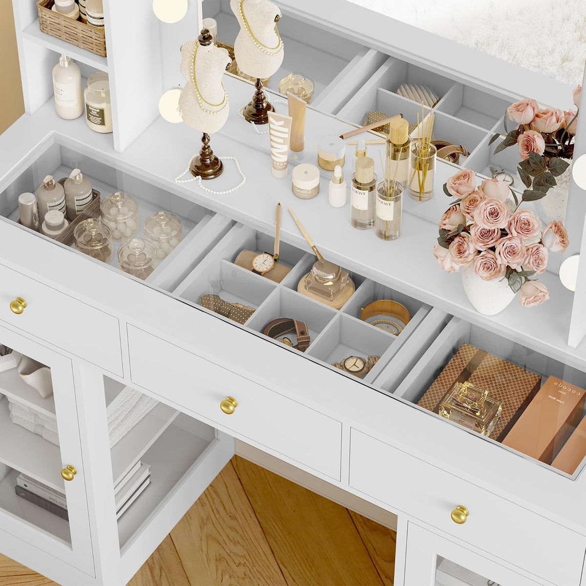 Makeup Vanity Desk With Mirror, LED Lights, Glass Top, 3 Drawers And 2 RGB Glass Cabinets, White
