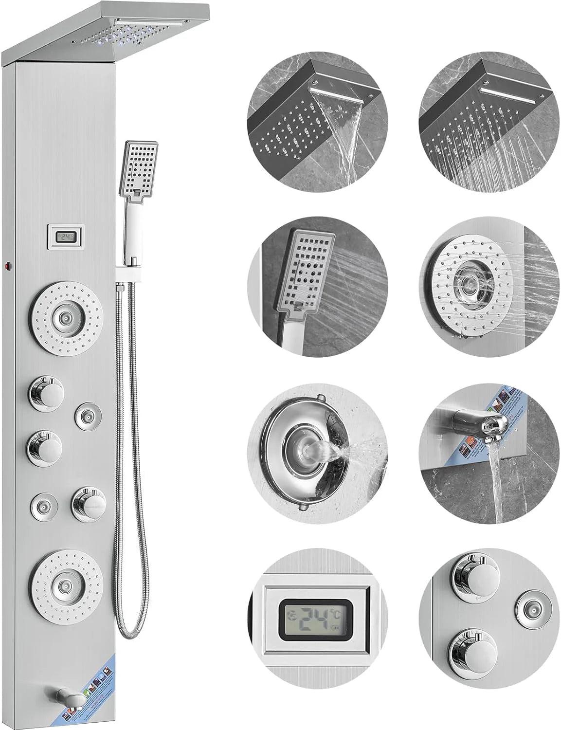 Stainless Steel Shower Panel System, 6 Shower Modes, 4 Massage Jets, Silver - Shower Panel System 6