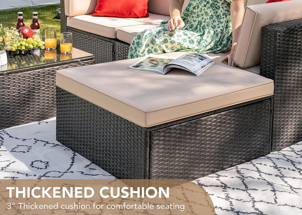 Devoko 5-Piece Outdoor Sectional Patio Sofa Set With Cushions And Glass Table - Beige