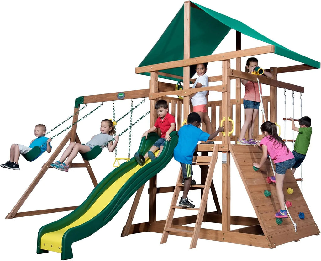 Backyard Discovery Mount Mckinley Cedar Wood Swing Set With Wave Slide, Play Deck And Sandbox Area