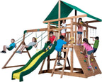 Backyard Discovery Mount Mckinley Cedar Wood Swing Set With Wave Slide, Play Deck And Sandbox Area