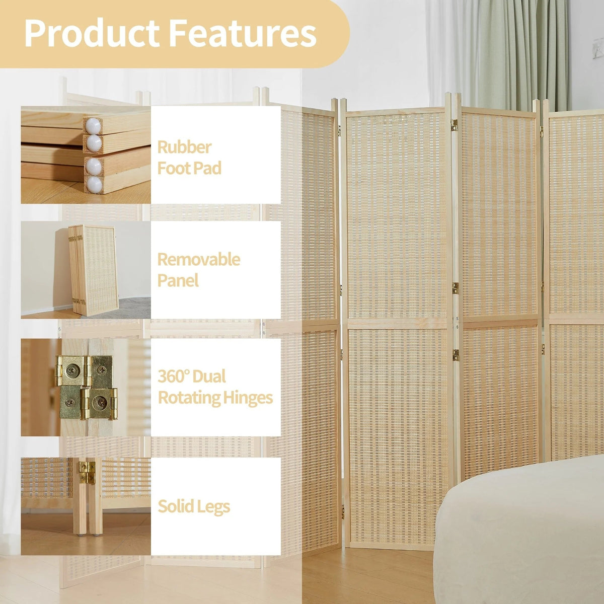 Bamboo 4-Panel Folding Room Divider, 6FT