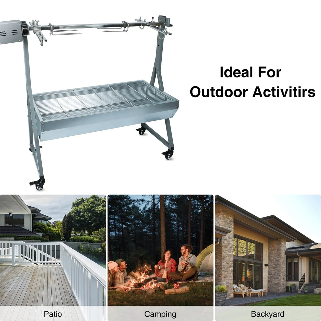 Rocita Charcoal Rotisserie Grill Roaster 132lbs, 38.5in x 18.1in, Stainless Steel, 25W Motor And Hand Crank