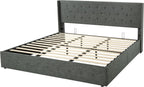 Queen Size Lift-Up Storage Bed With Wingback Headboard, Upholstered Platform Bed Frame With Hidden Storage