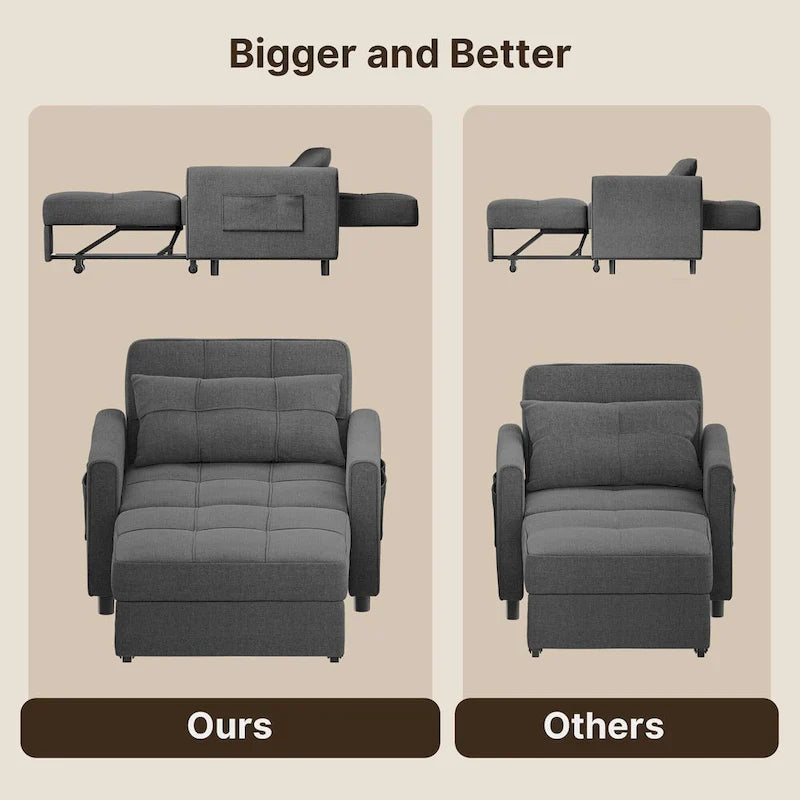 3-in-1 Pull-Out Sofa Bed Sleeper Chair, Adjustable Upholstered Lounge Couch