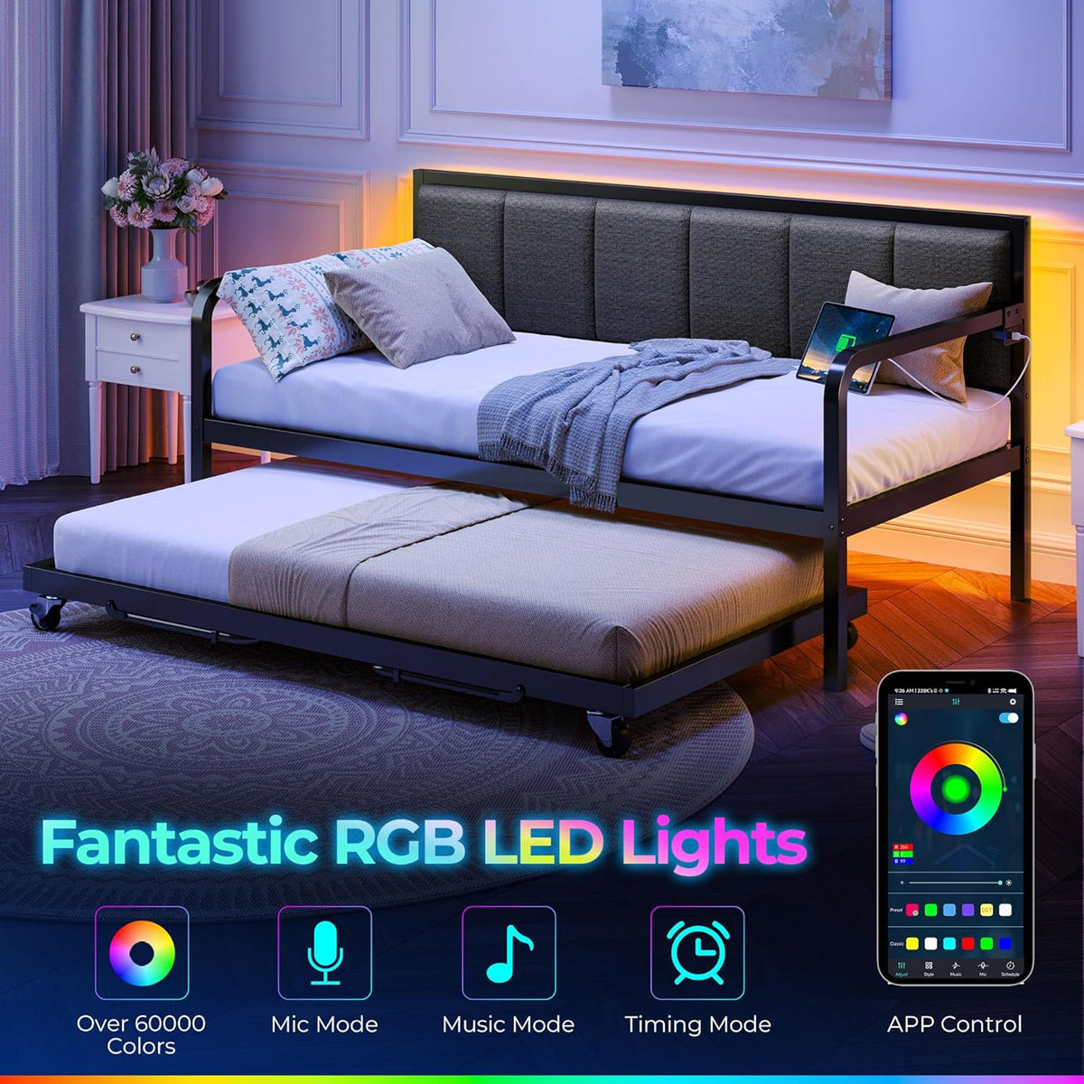 Rolanstar Twin Height-Adjustable Metal Daybed With Trundle, Charging Station And LED Lights
