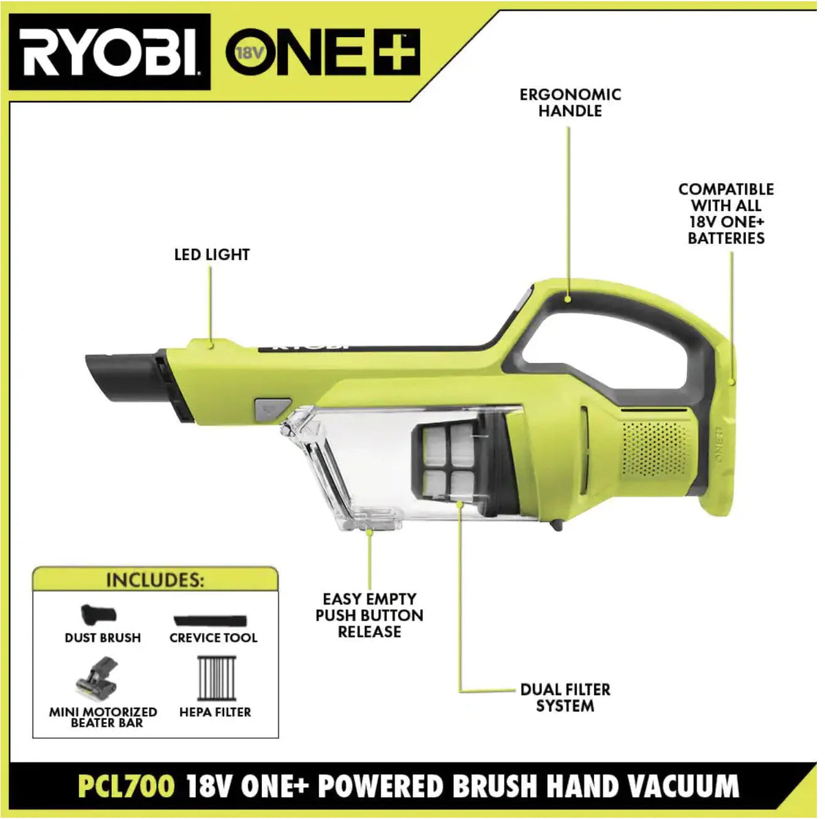 Ryobi 18V ONE+ Cordless Hand Vacuum With Powered Brush, Black Green - PCL700B