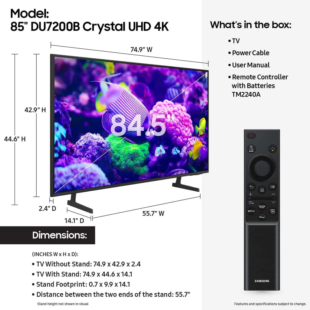 Samsung 85 inch Crystal UHD 4K Smart TV With HDR - DU7200B