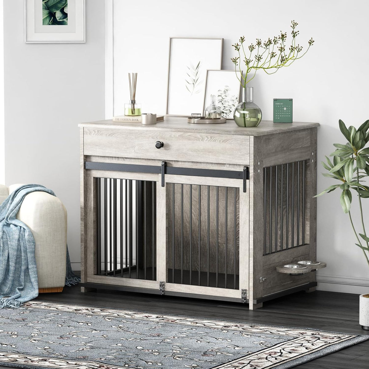 Wooden Dog Crate Furniture With Flip-Up Door, Rotating Bowls And Storage Drawer - 95L x 85W x 60H Centimetres