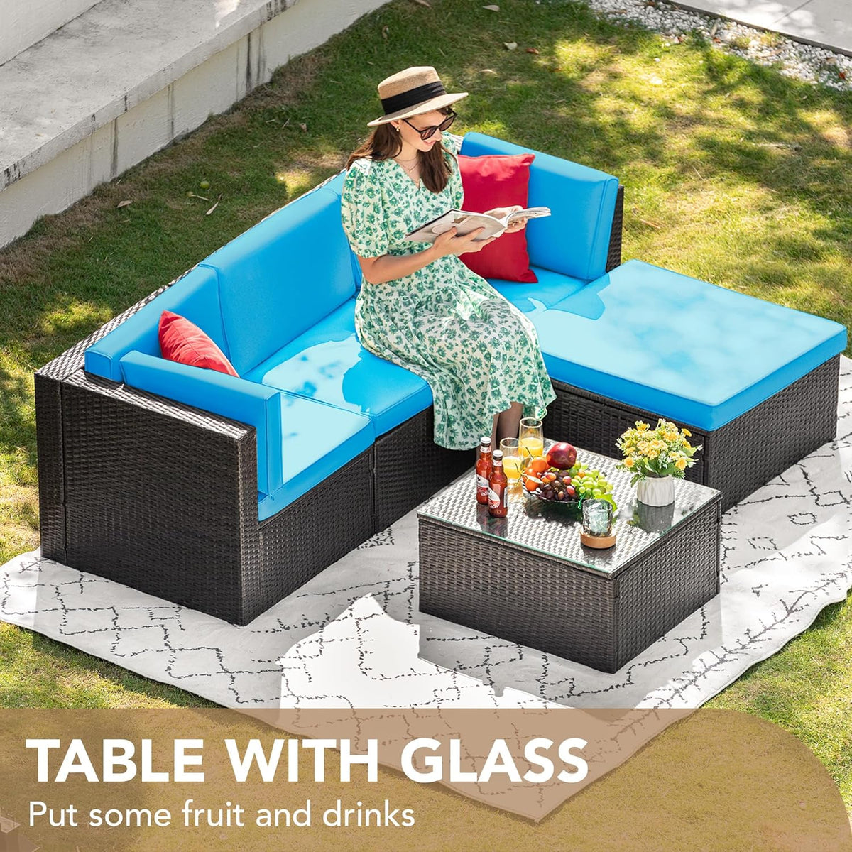 Devoko 5-Piece Outdoor Sectional Patio Sofa Set With Cushions And Glass Table - Beige