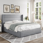 Queen Size Lift-Up Storage Bed With Wingback Headboard, Upholstered Platform Bed Frame With Hidden Storage